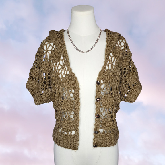 Handmade Brown Button Up Knitted Short Sleeve Sheer Coquette Mori Kei Sweater - Picture 2 of 6